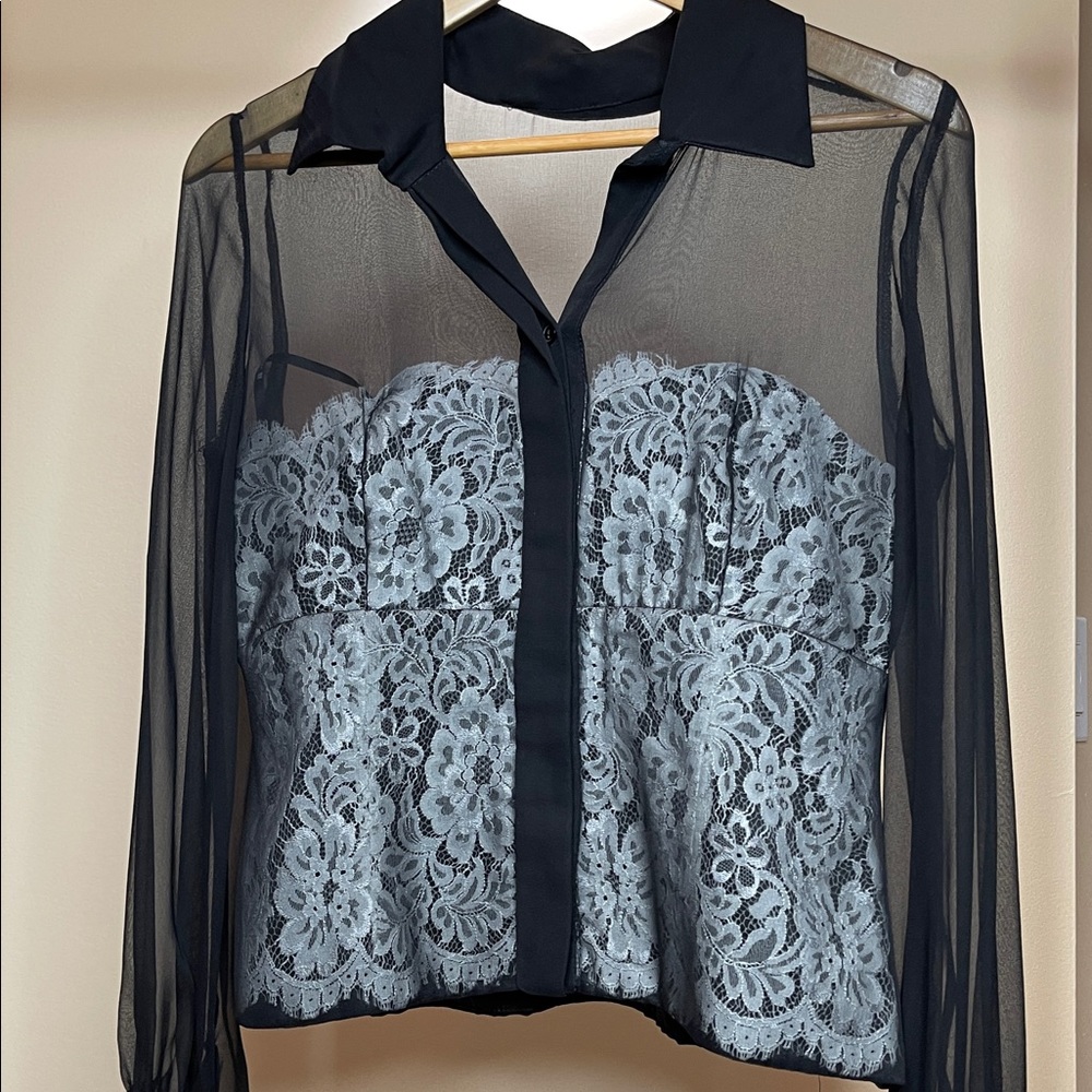 Tadashi Black Sheer and off white Lace Top
